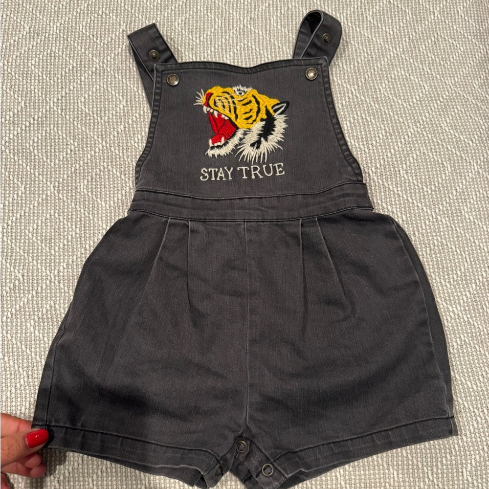 Rock Your Baby Black Tiger Embroidered Kids Short Overalls